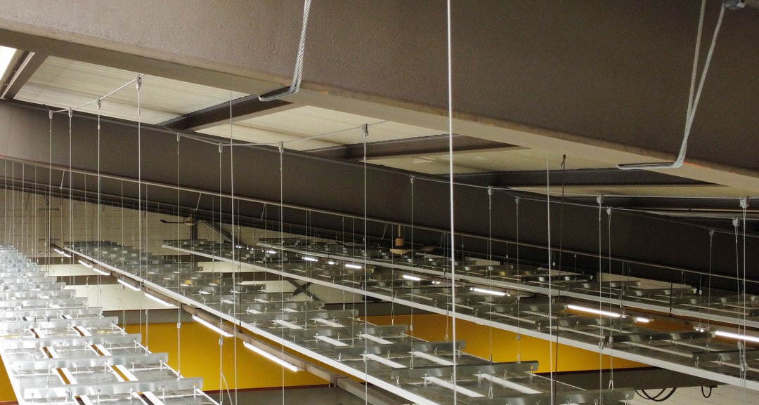 Seilaufhängung für Deckenstrahlplatten in einer Fabrikationshalle 1